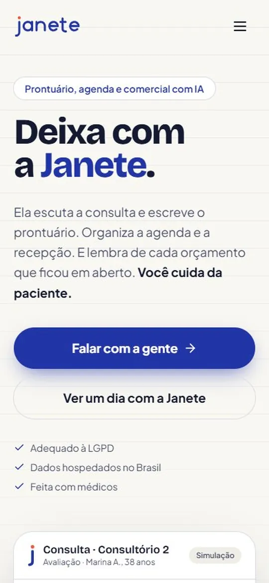 Tela mobile do site Janete AI