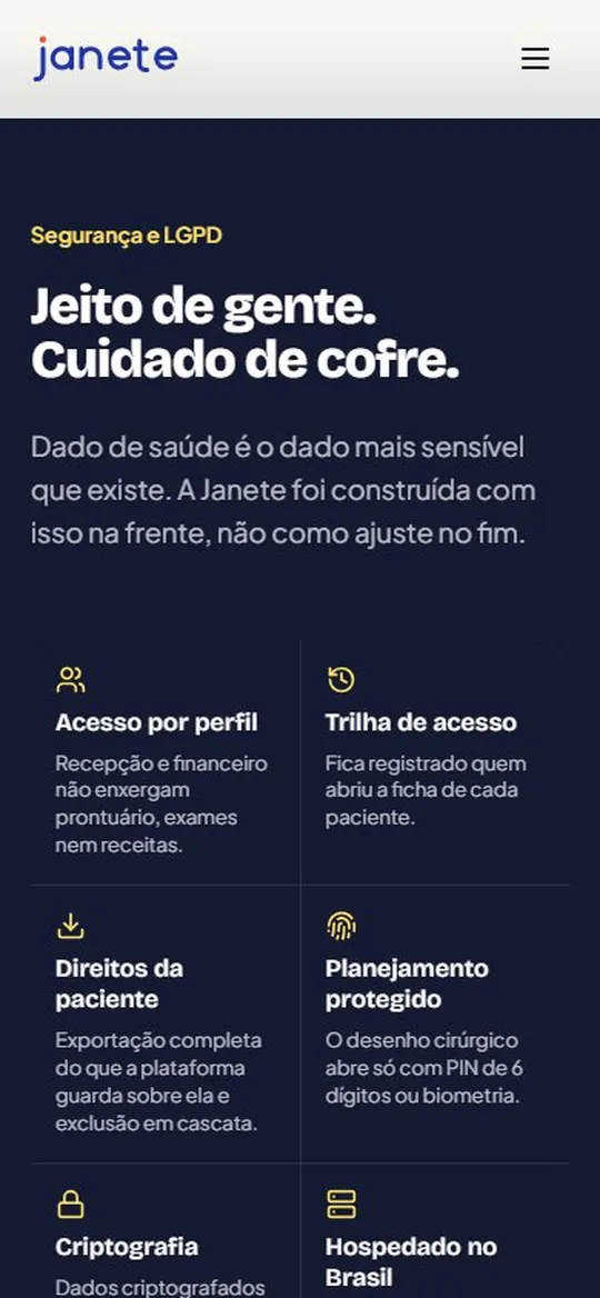 Outra tela mobile do site Janete AI